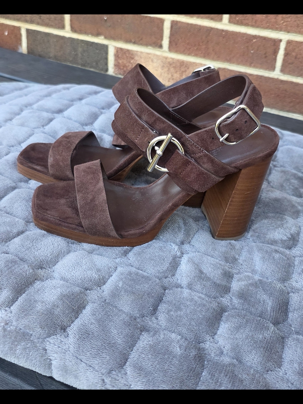 Hermes Brown Suede Platform Block Heel Sandals with Gold Buckles